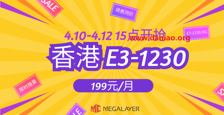 megalayer：香港便宜服务器(有高防)，199元/月，E3-1230/8G/240G SSD或1T HDD/10M CN2或15M直连或20M国际